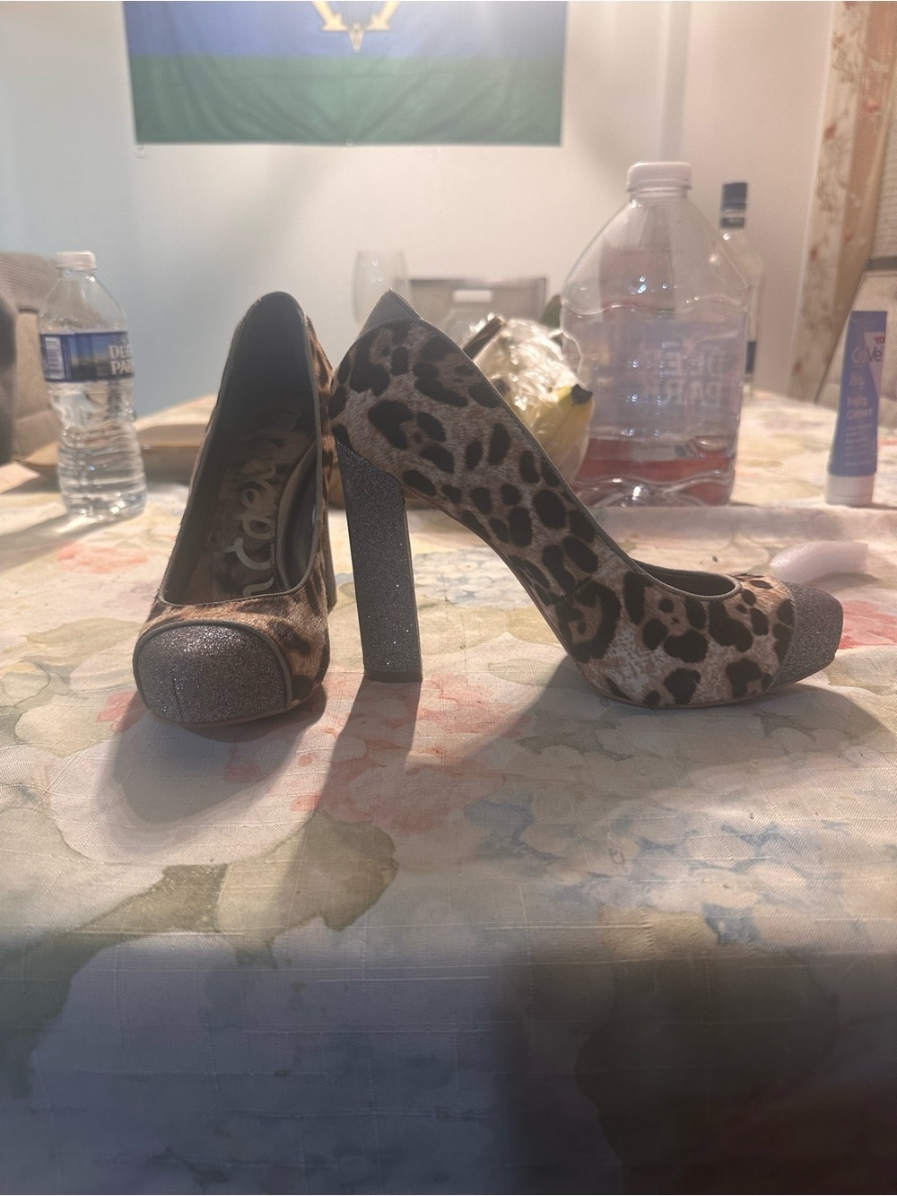 Sam Edelman Leopard Print Glitter-Toe Pumps with Glitter Heel